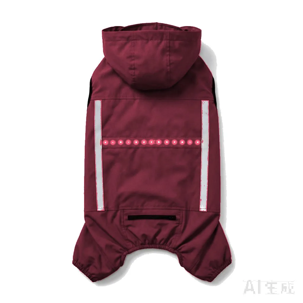 Burgundy Dog LED Light-Up Rain Jacket flat lay — wholesale pet apparel, design render
