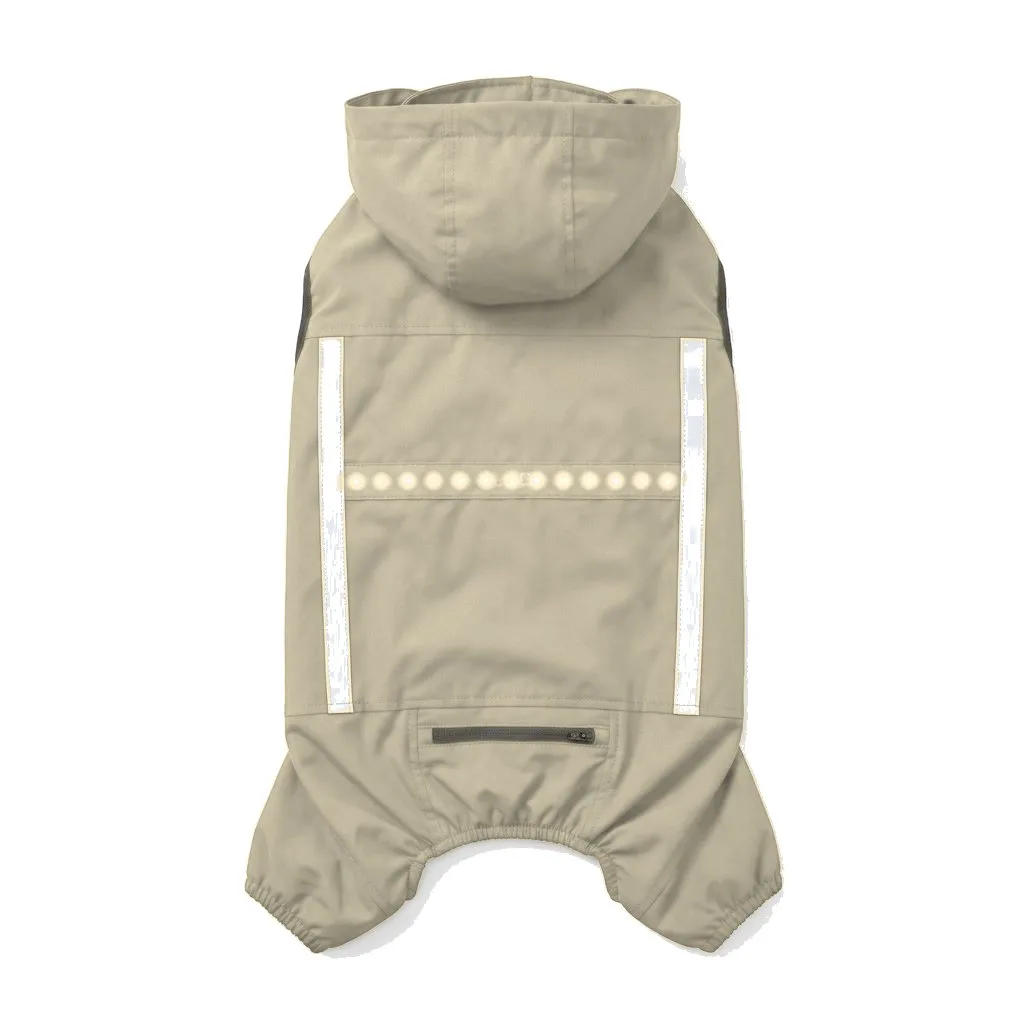 Cream Dog LED Light-Up Rain Jacket flat lay — wholesale pet apparel, design render