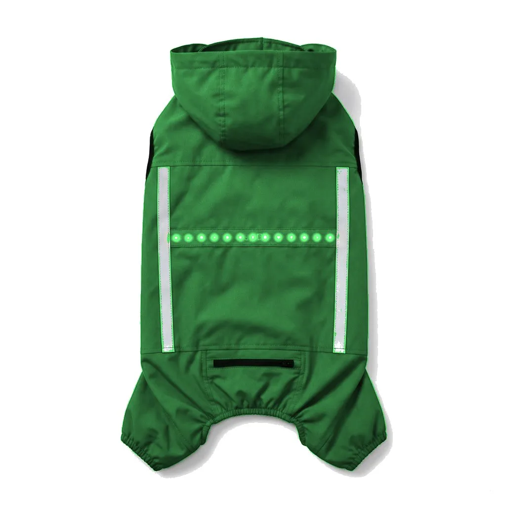 Forest Green Dog LED Light-Up Rain Jacket flat lay — wholesale pet apparel, design render