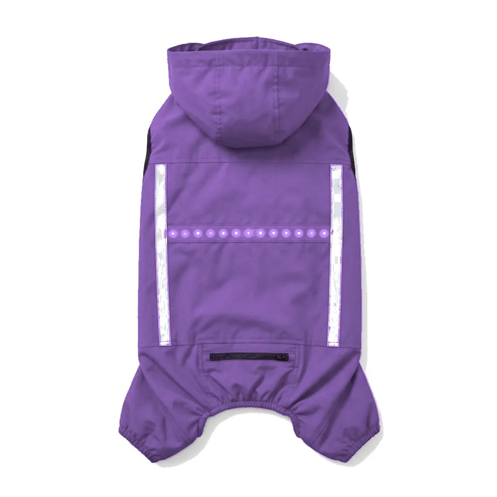 Lavender Dog LED Light-Up Rain Jacket flat lay — wholesale pet apparel, design render