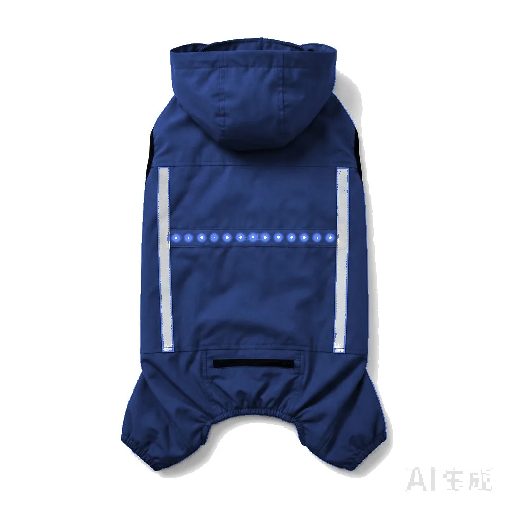 Navy Dog LED Light-Up Rain Jacket flat lay — wholesale pet apparel, design render