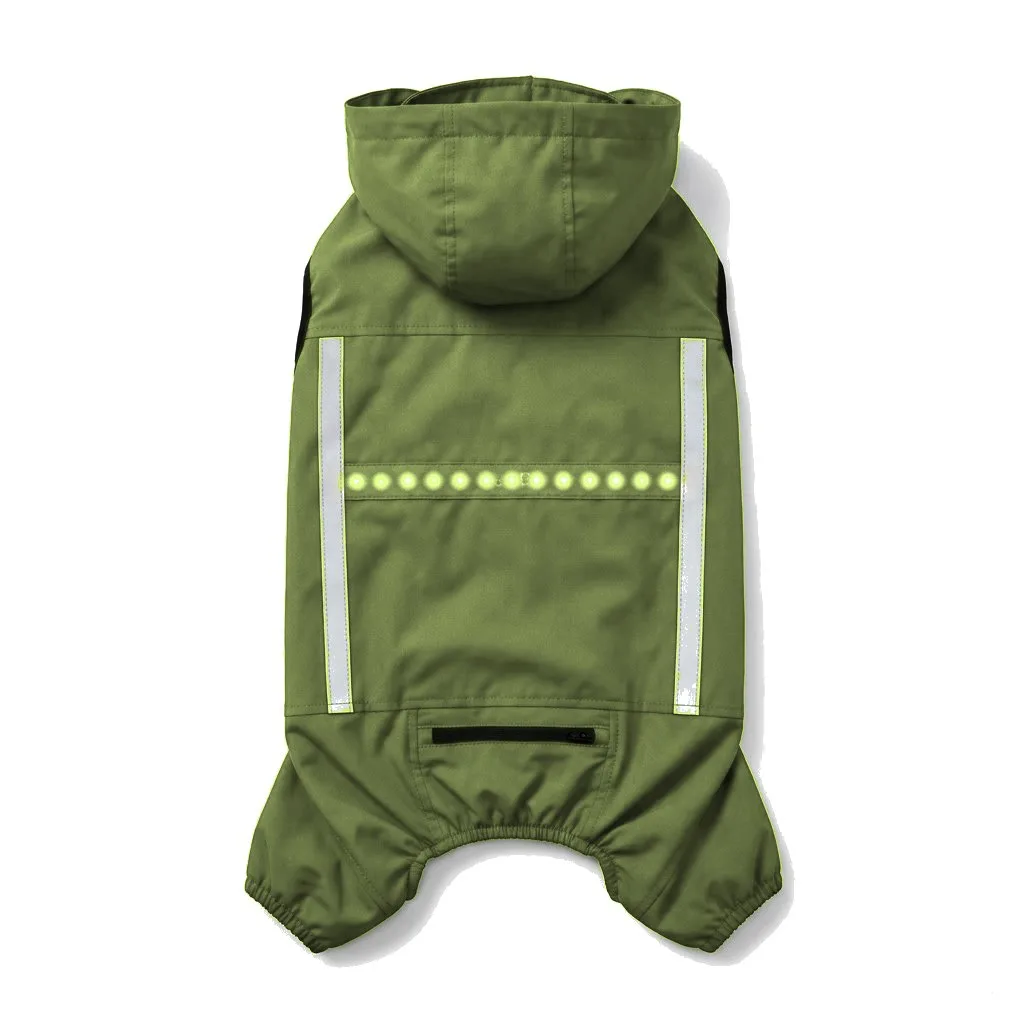 Olive Dog LED Light-Up Rain Jacket flat lay — wholesale pet apparel, design render