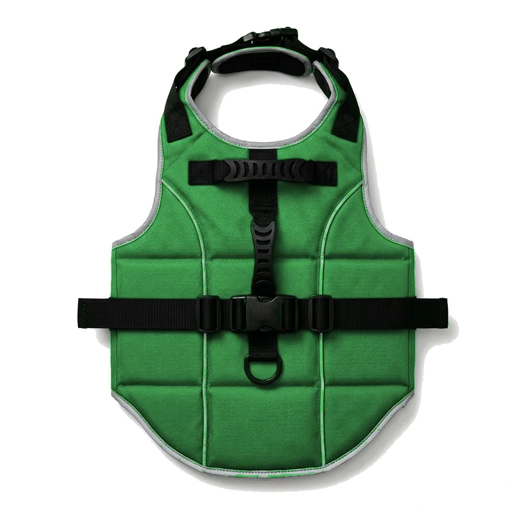 Forest Green Dog Life Jacket Vest flat lay — wholesale pet apparel, design render