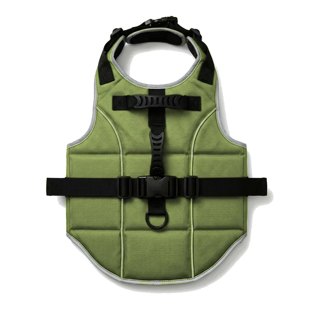 Olive Dog Life Jacket Vest flat lay — wholesale pet apparel, design render