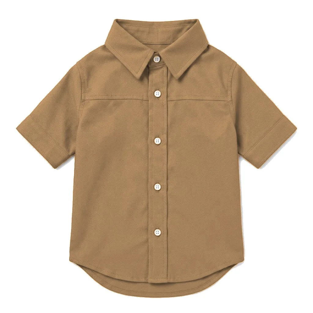 Camel Dog Oxford Button-Up Shirt flat lay — wholesale pet apparel, design render