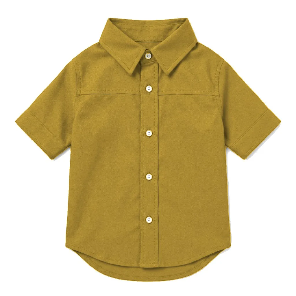 Mustard Dog Oxford Button-Up Shirt flat lay — wholesale pet apparel, design render