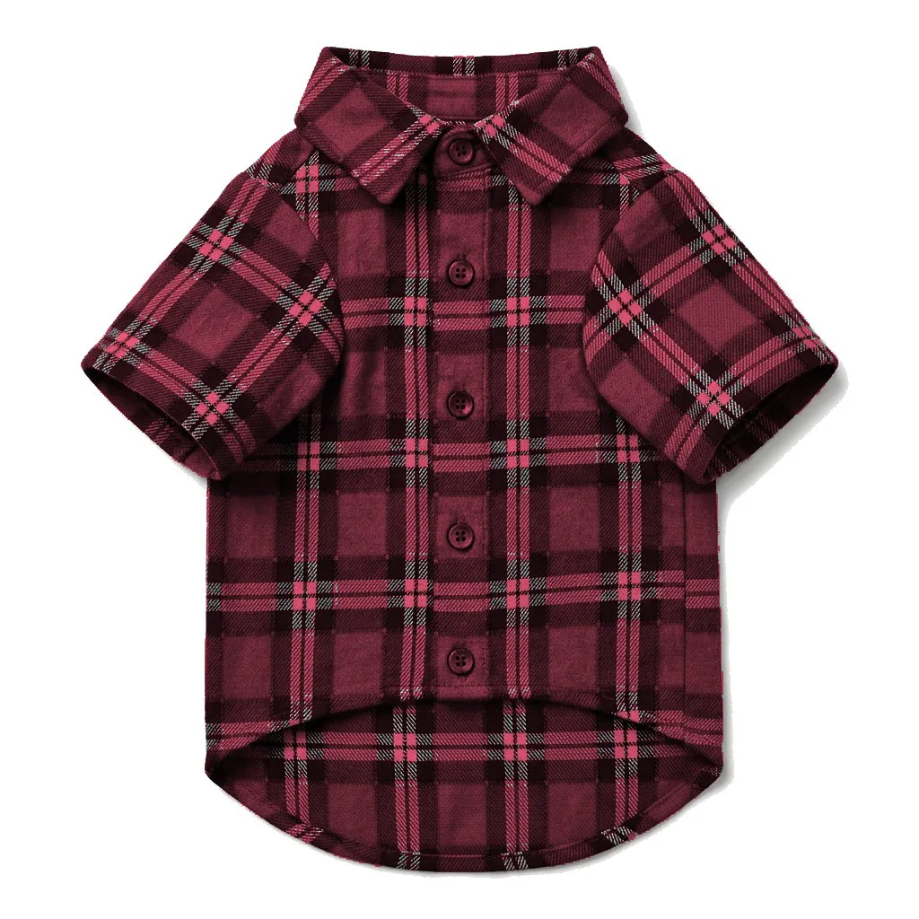 Burgundy Dog Plaid Flannel Shirt flat lay — wholesale pet apparel, design render