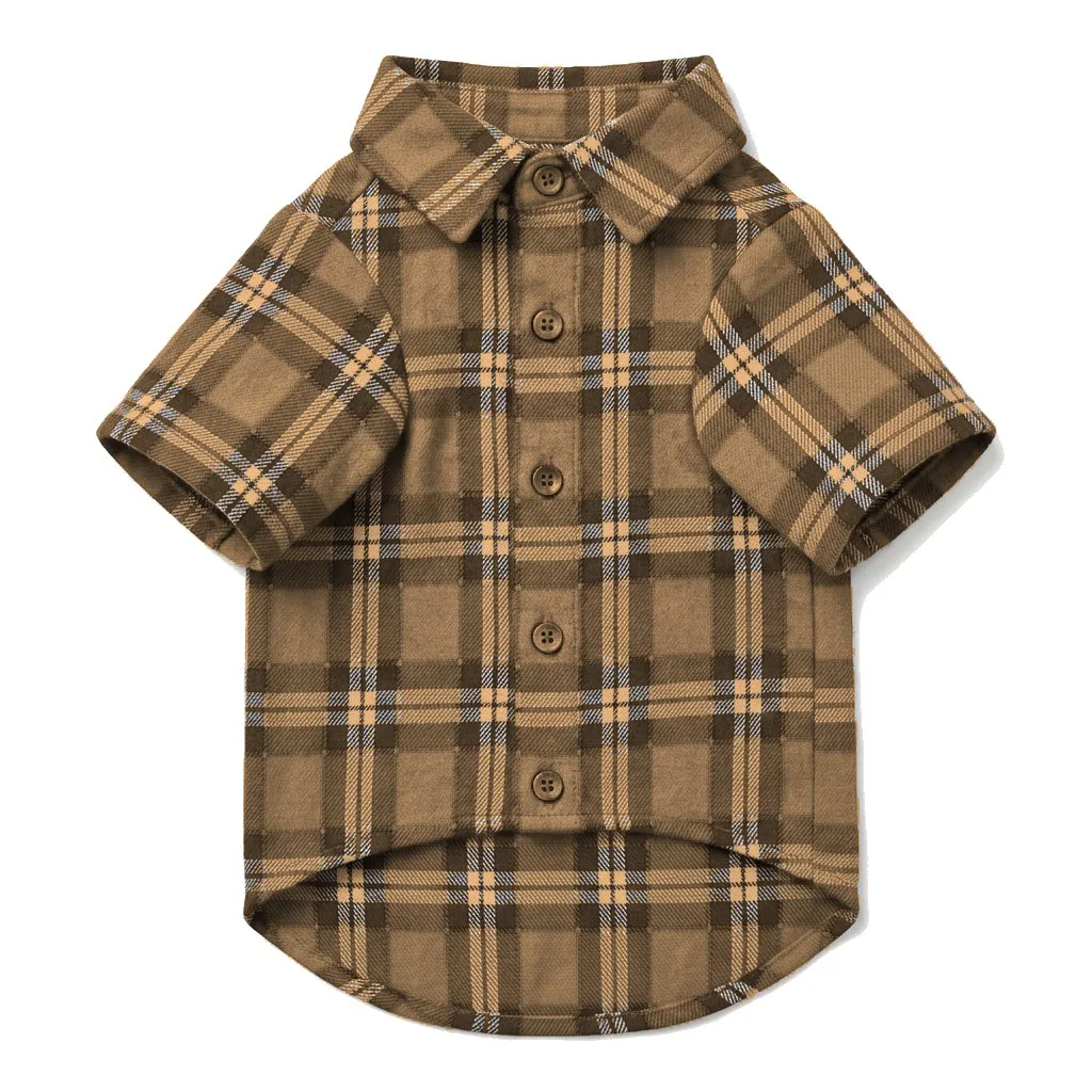 Camel Dog Plaid Flannel Shirt flat lay — wholesale pet apparel, design render