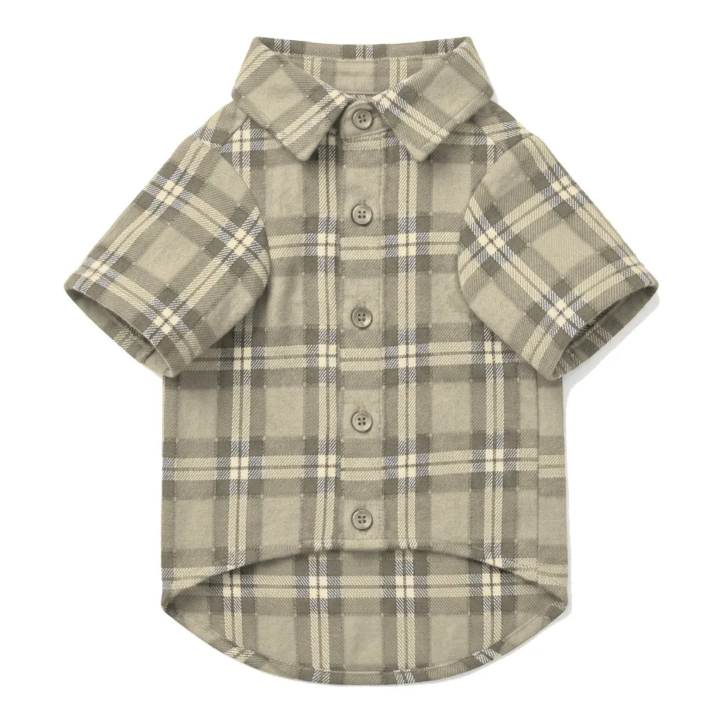 Cream Dog Plaid Flannel Shirt flat lay — wholesale pet apparel, design render