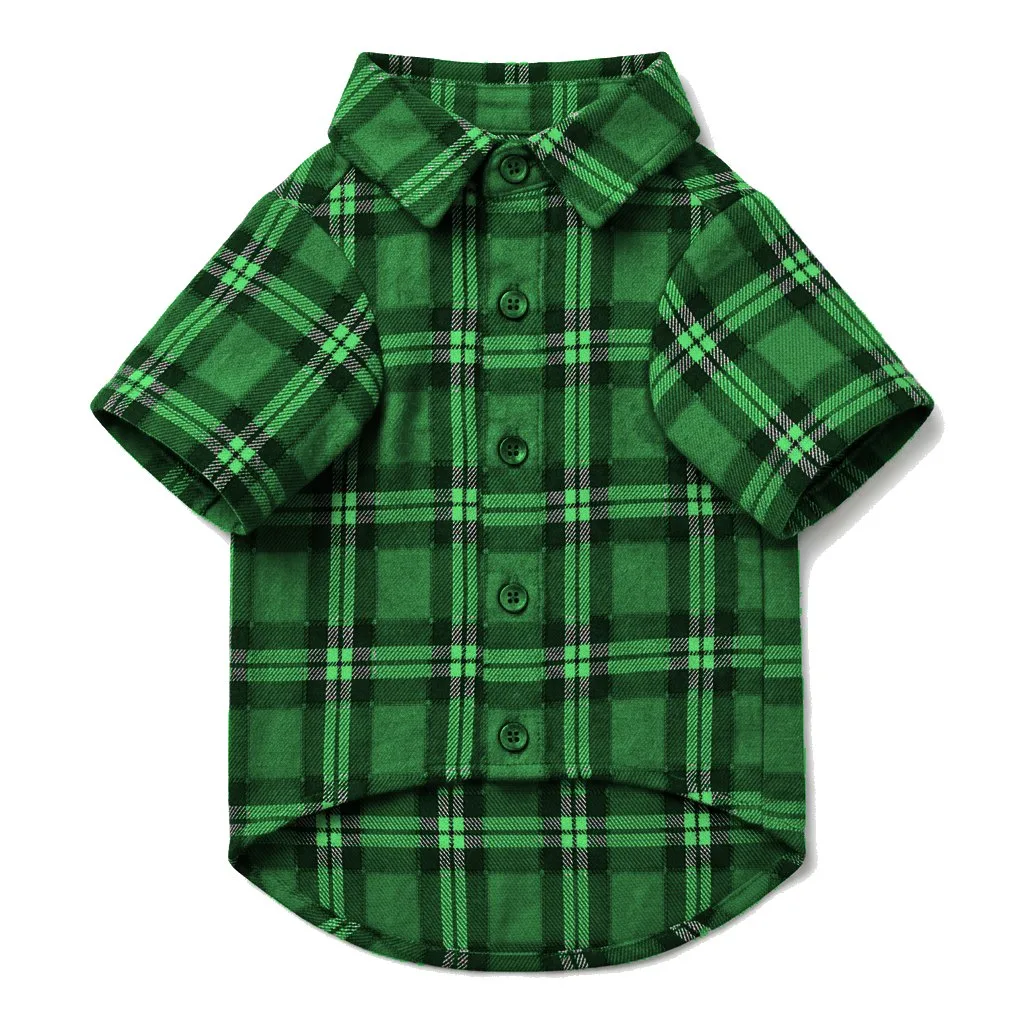 Forest Green Dog Plaid Flannel Shirt flat lay — wholesale pet apparel, design render