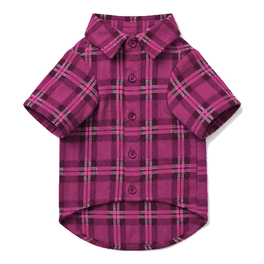 Hot Pink Dog Plaid Flannel Shirt flat lay — wholesale pet apparel, design render