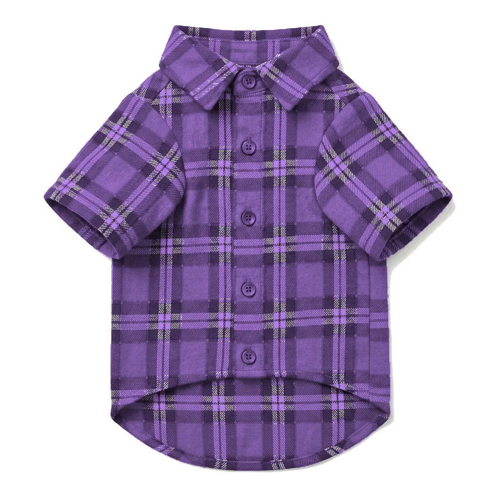 Lavender Dog Plaid Flannel Shirt flat lay — wholesale pet apparel, design render