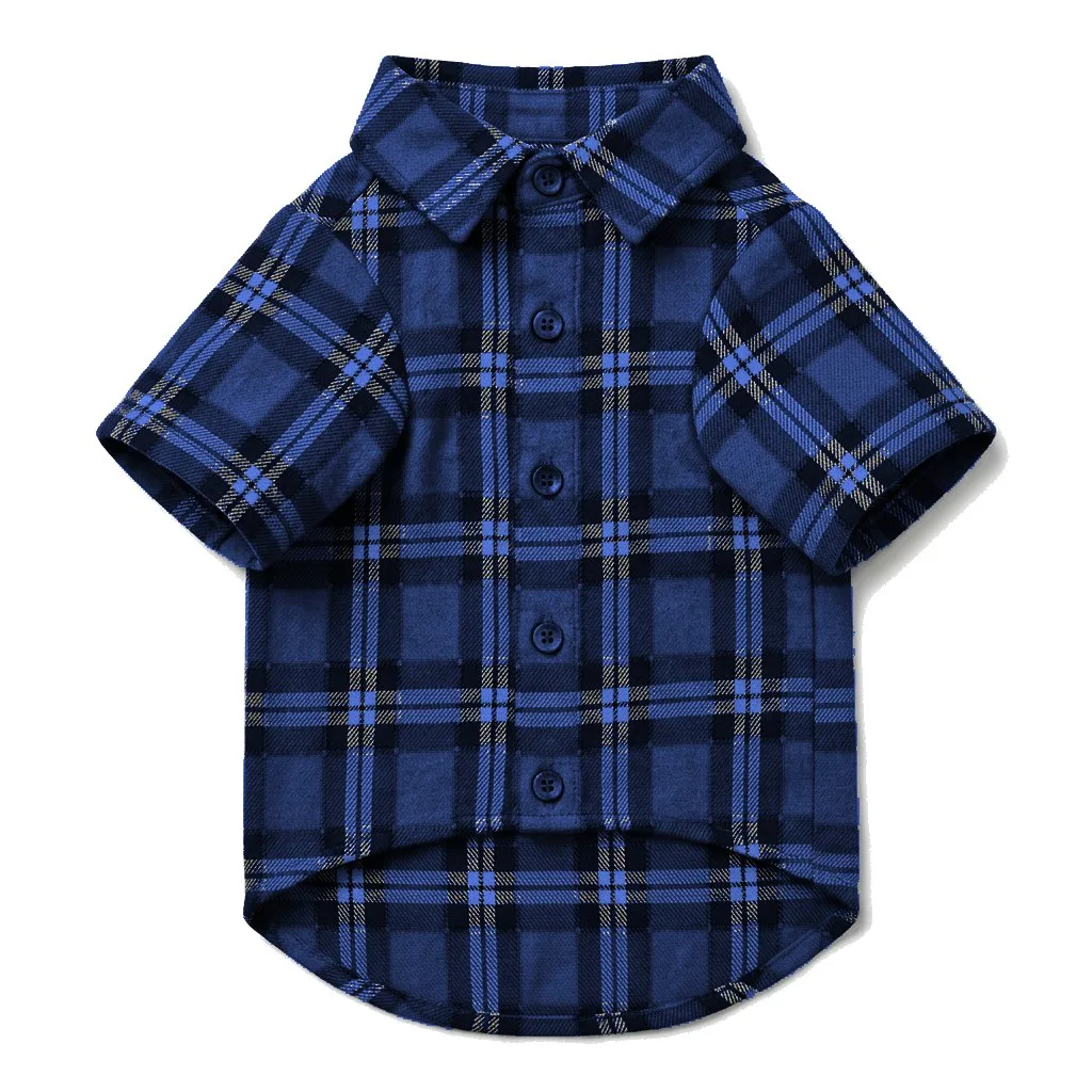 Navy Dog Plaid Flannel Shirt flat lay — wholesale pet apparel, design render
