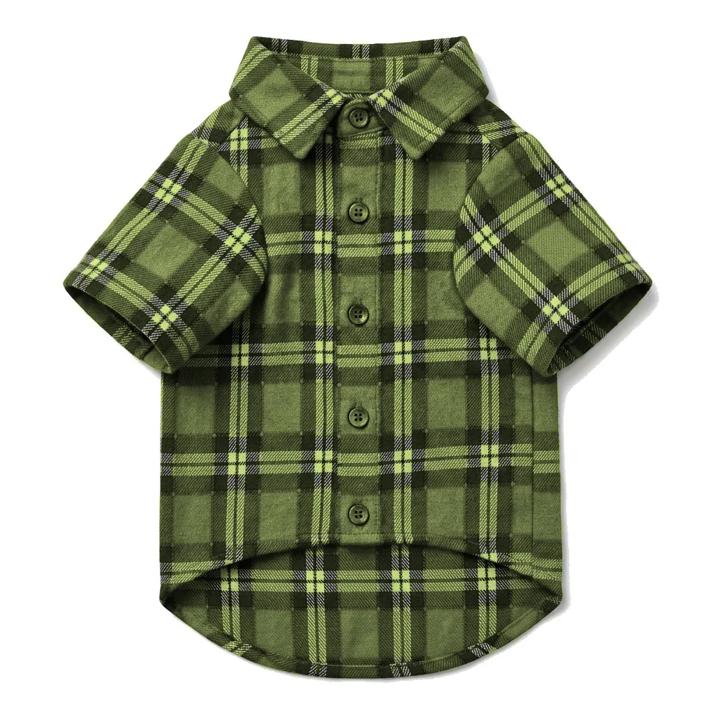 Olive Dog Plaid Flannel Shirt flat lay — wholesale pet apparel, design render