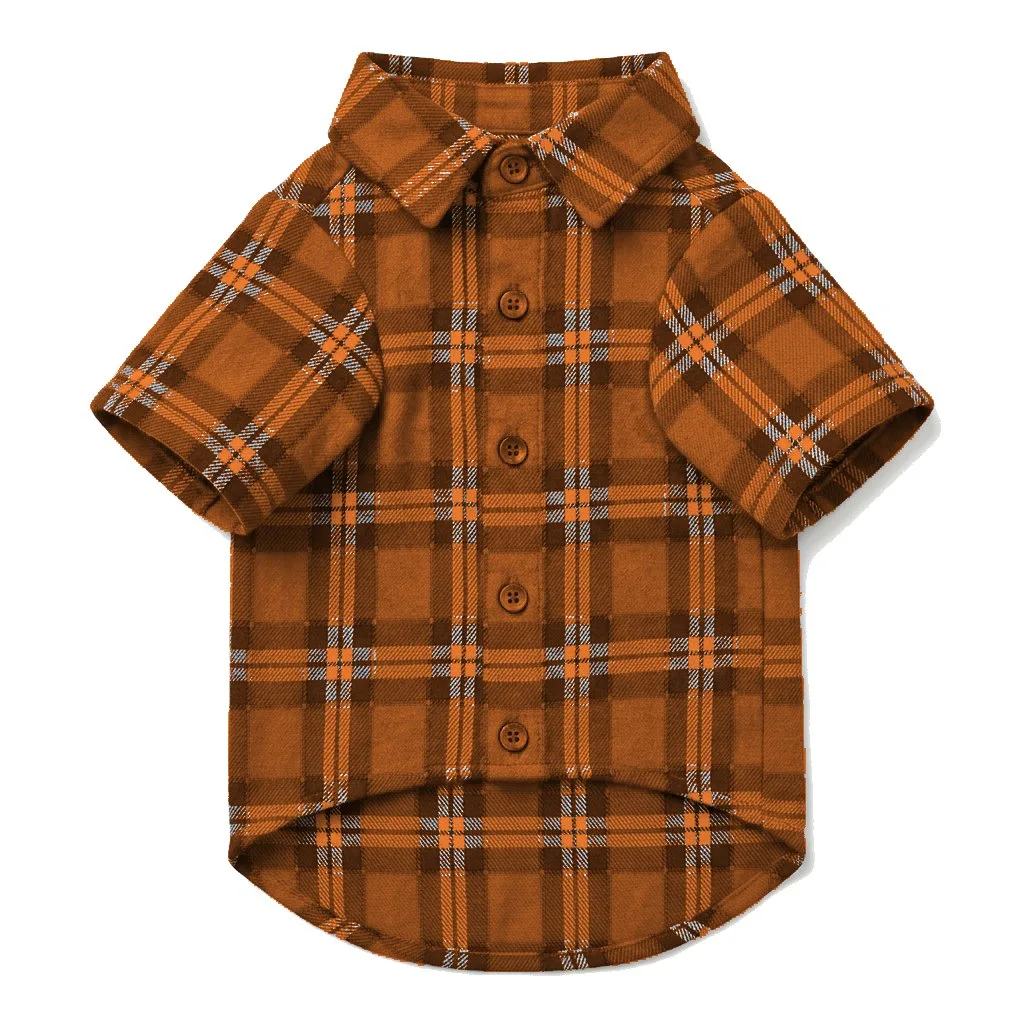 Orange Dog Plaid Flannel Shirt flat lay — wholesale pet apparel, design render