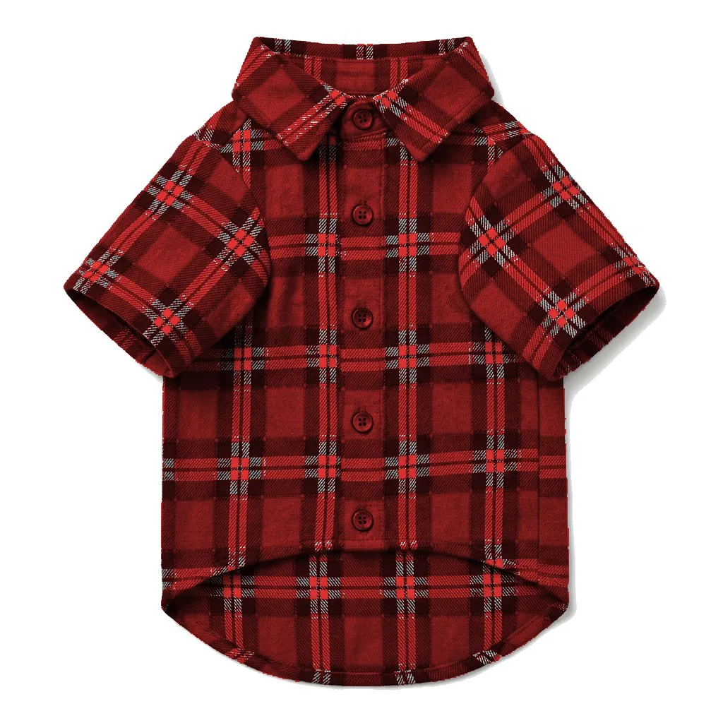 Red Dog Plaid Flannel Shirt flat lay — wholesale pet apparel, design render