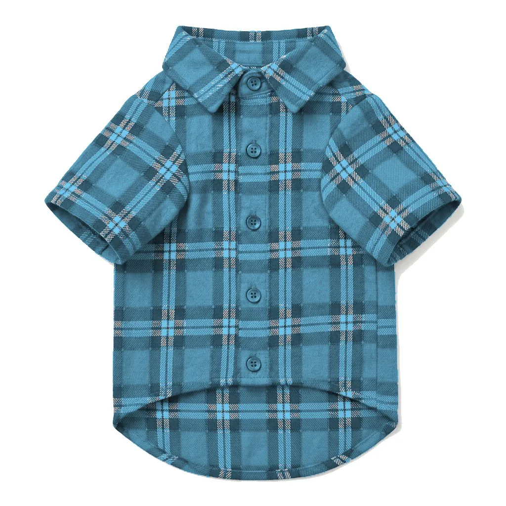 Sky Blue Dog Plaid Flannel Shirt flat lay — wholesale pet apparel, design render