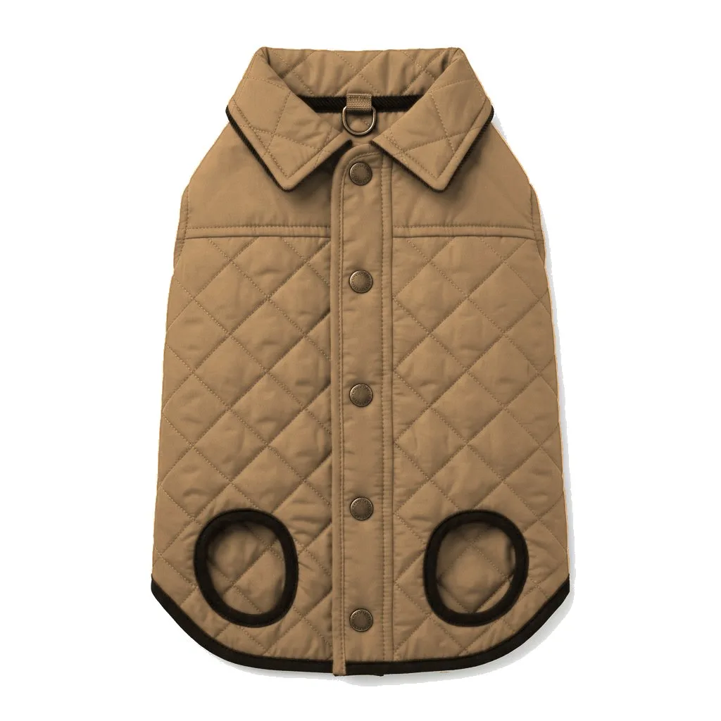 Camel Dog Quilted Barn Coat flat lay — wholesale pet apparel, design render