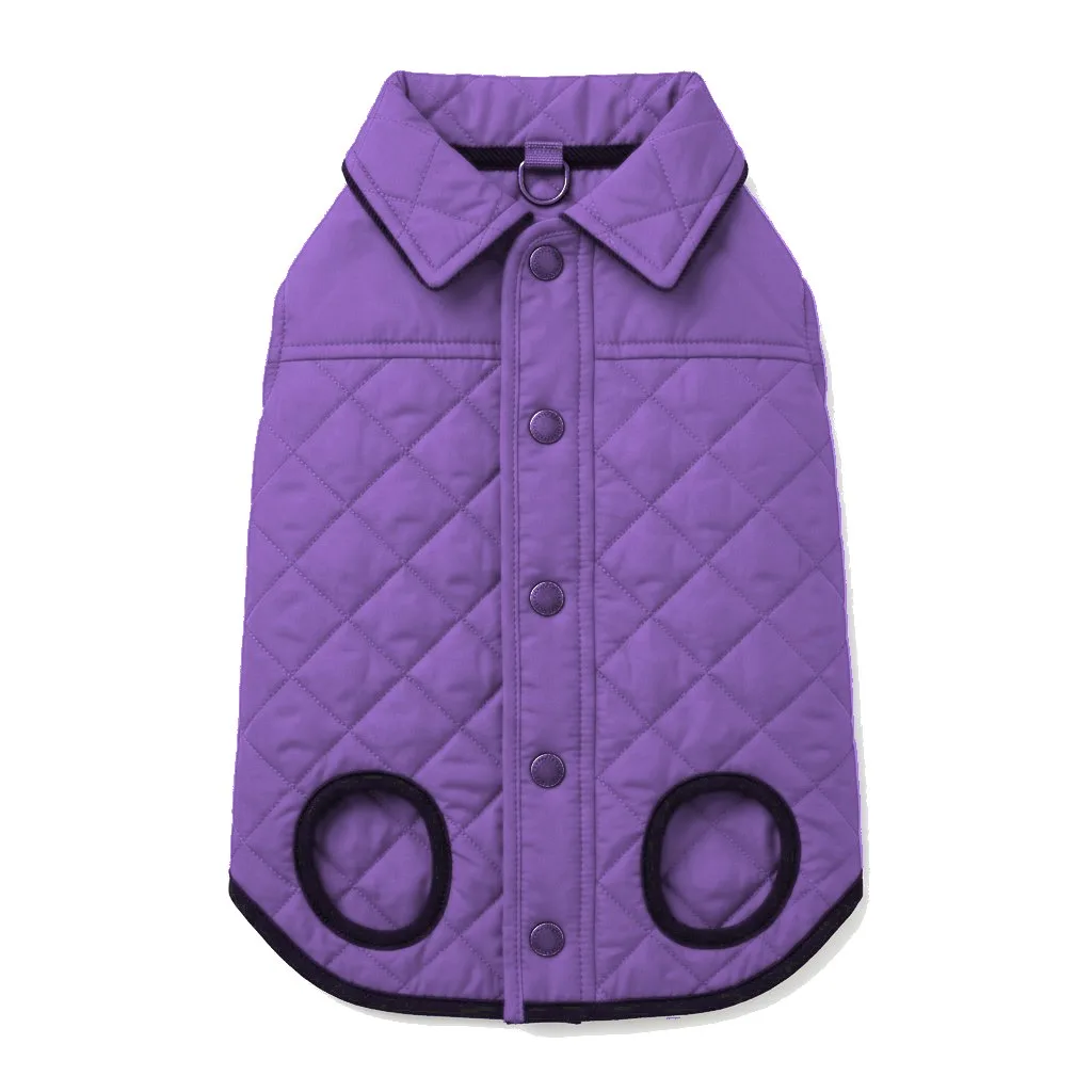 Lavender Dog Quilted Barn Coat flat lay — wholesale pet apparel, design render