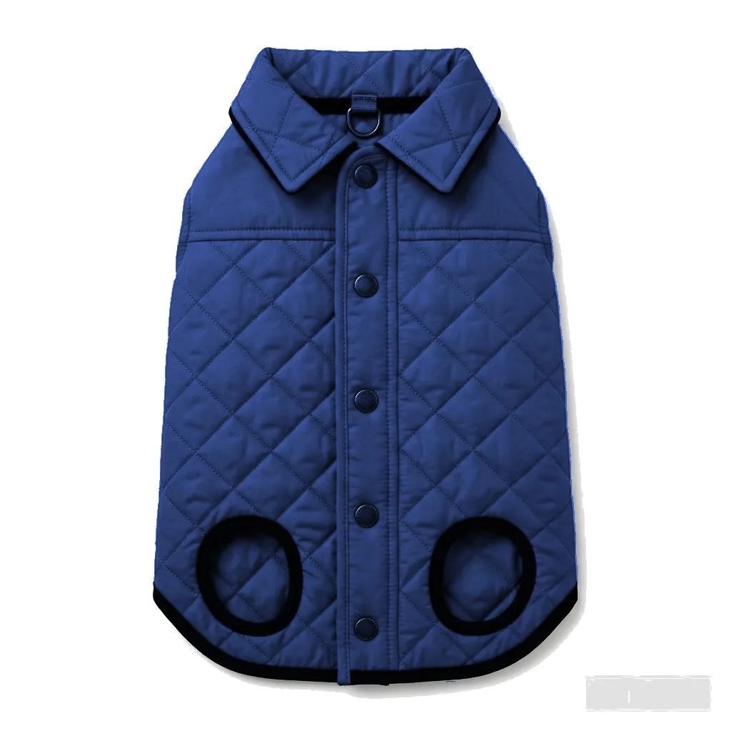Navy Dog Quilted Barn Coat flat lay — wholesale pet apparel, design render
