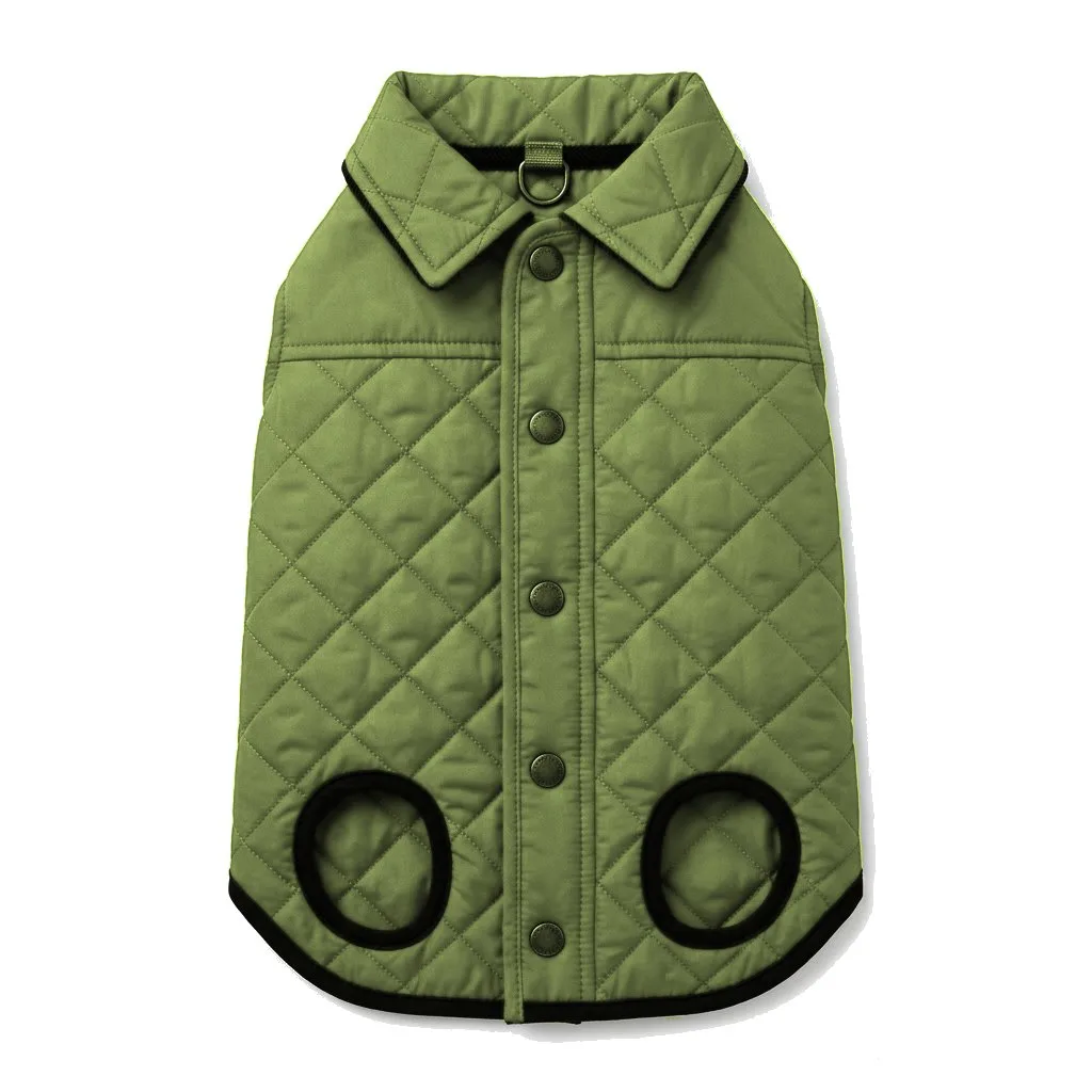 Olive Dog Quilted Barn Coat flat lay — wholesale pet apparel, design render