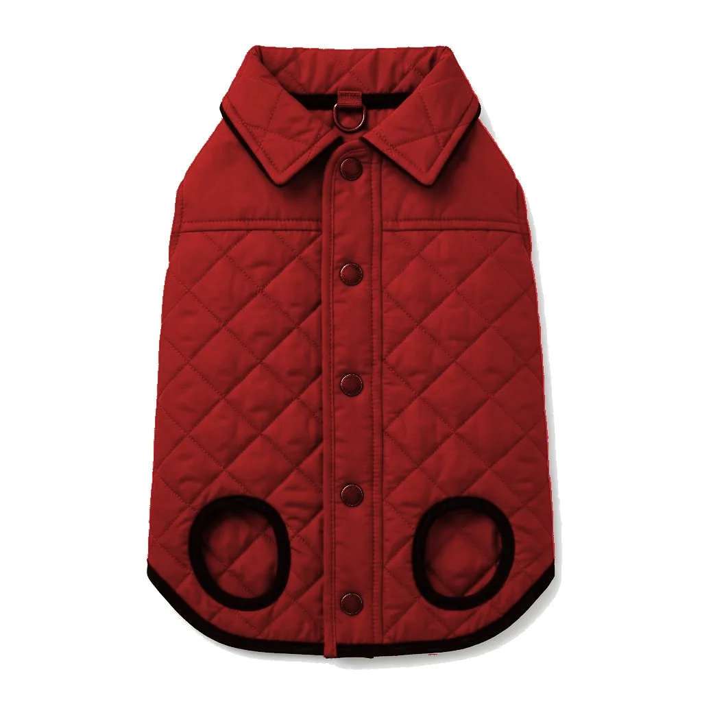 Red Dog Quilted Barn Coat flat lay — wholesale pet apparel, design render