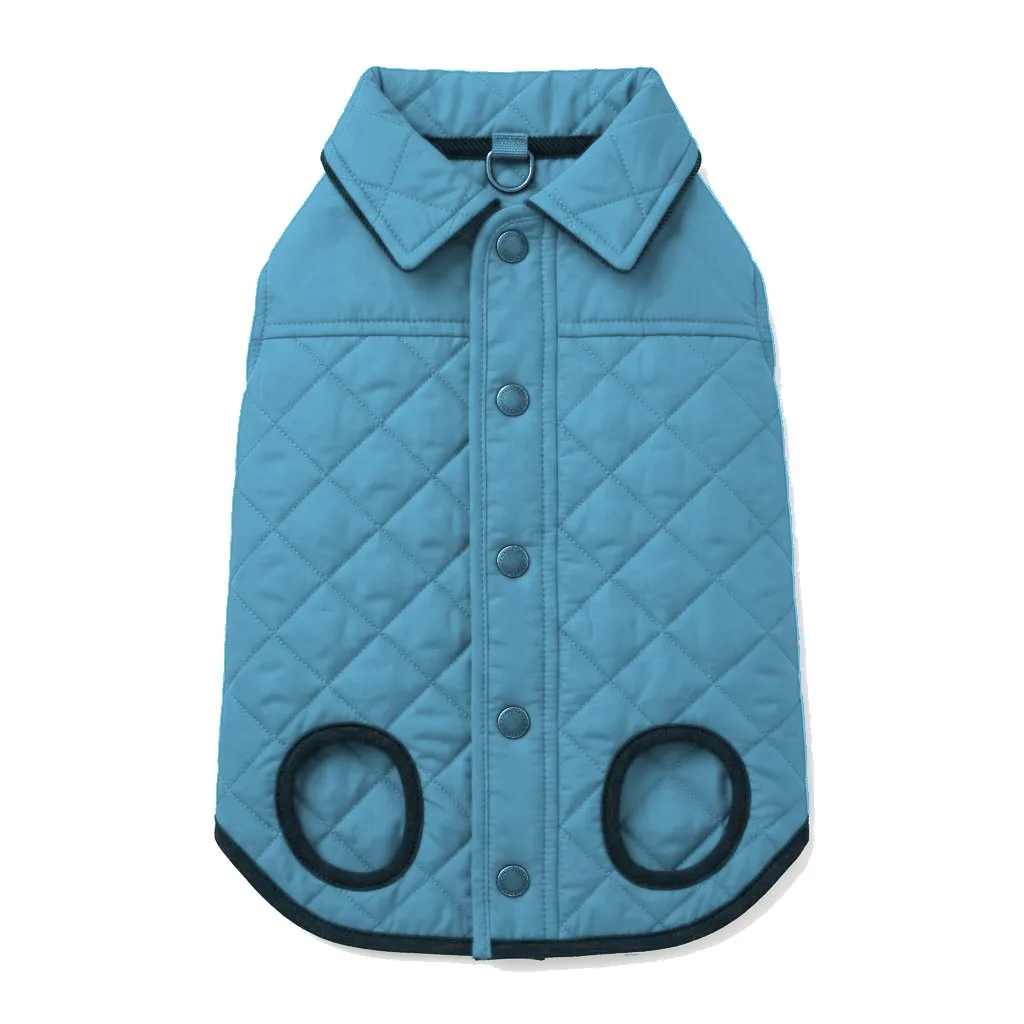 Sky Blue Dog Quilted Barn Coat flat lay — wholesale pet apparel, design render