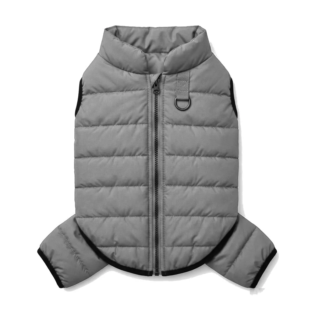 Charcoal Grey Dog Quilted Puffer Jacket flat lay — wholesale pet apparel, design render