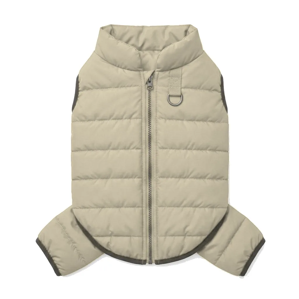 Cream Dog Quilted Puffer Jacket flat lay — wholesale pet apparel, design render