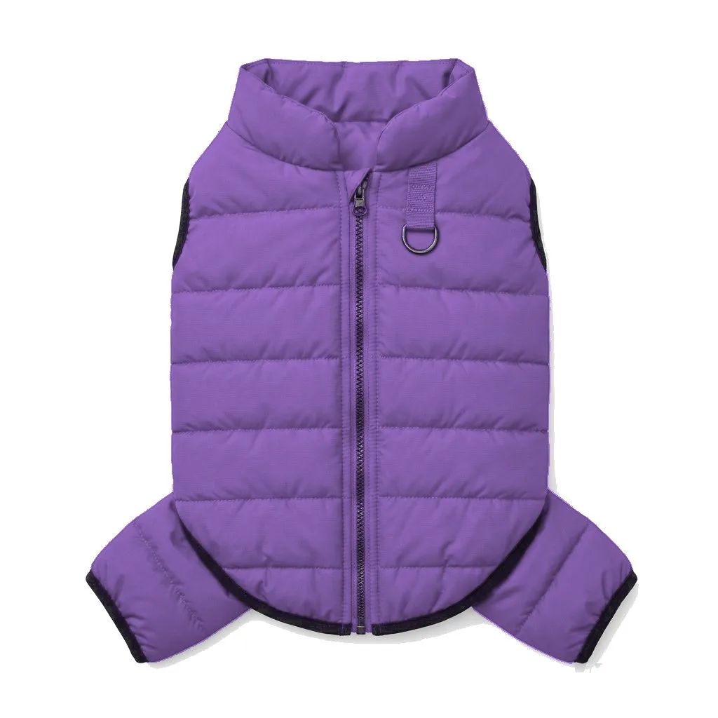 Lavender Dog Quilted Puffer Jacket flat lay — wholesale pet apparel, design render