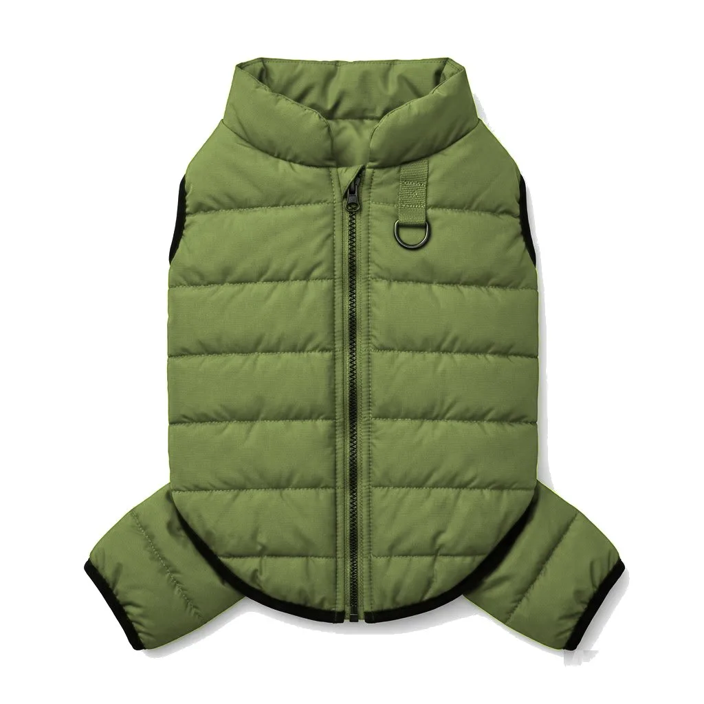 Olive Dog Quilted Puffer Jacket flat lay — wholesale pet apparel, design render