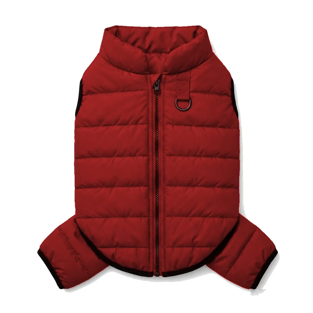 Red Dog Quilted Puffer Jacket flat lay — wholesale pet apparel, design render