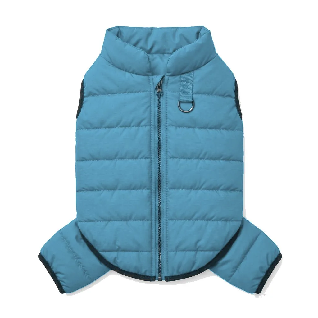 Sky Blue Dog Quilted Puffer Jacket flat lay — wholesale pet apparel, design render
