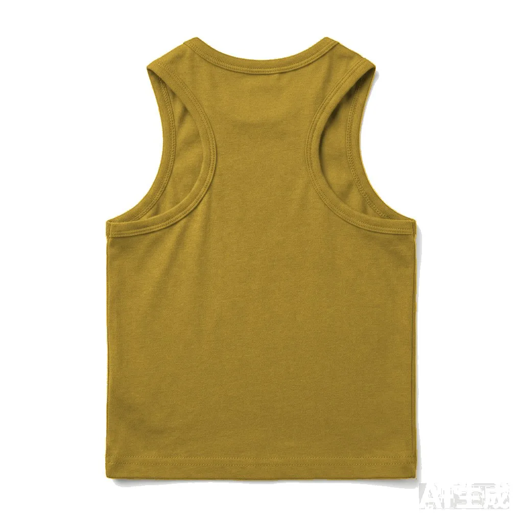 Mustard Dog Racerback Tank Top flat lay — wholesale pet apparel, design render