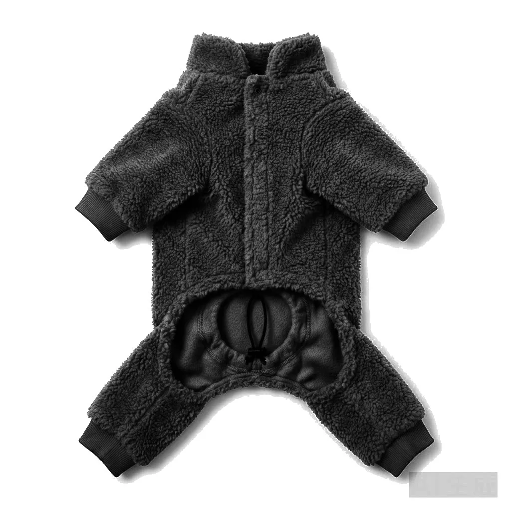 Black Dog Teddy Fleece Four-Leg Coat flat lay — wholesale pet apparel, design render
