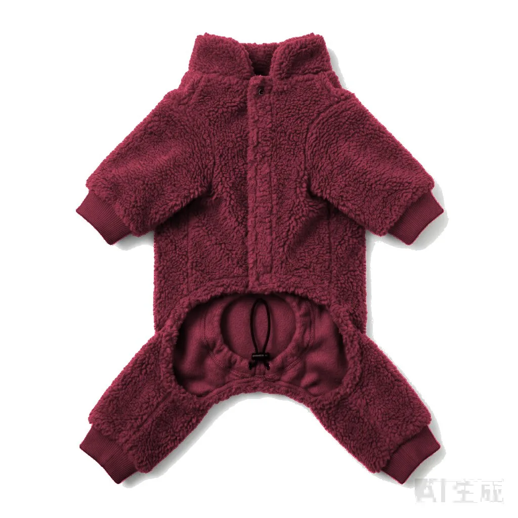Burgundy Dog Teddy Fleece Four-Leg Coat flat lay — wholesale pet apparel, design render