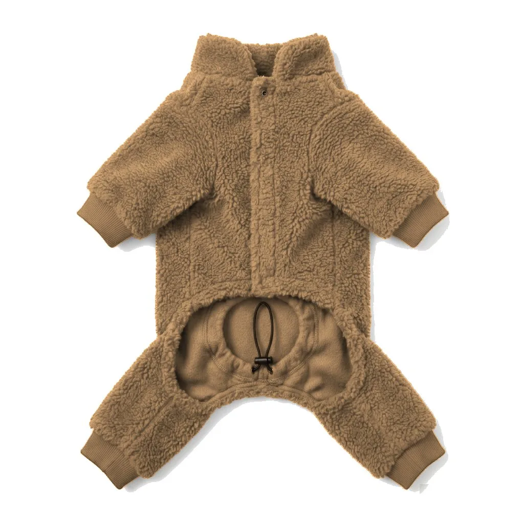 Camel Dog Teddy Fleece Four-Leg Coat flat lay — wholesale pet apparel, design render
