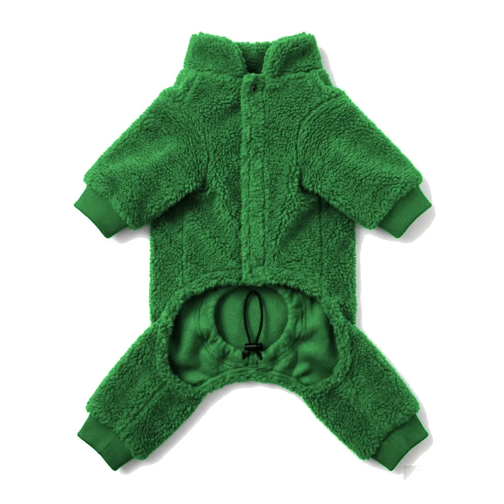 Forest Green Dog Teddy Fleece Four-Leg Coat flat lay — wholesale pet apparel, design render