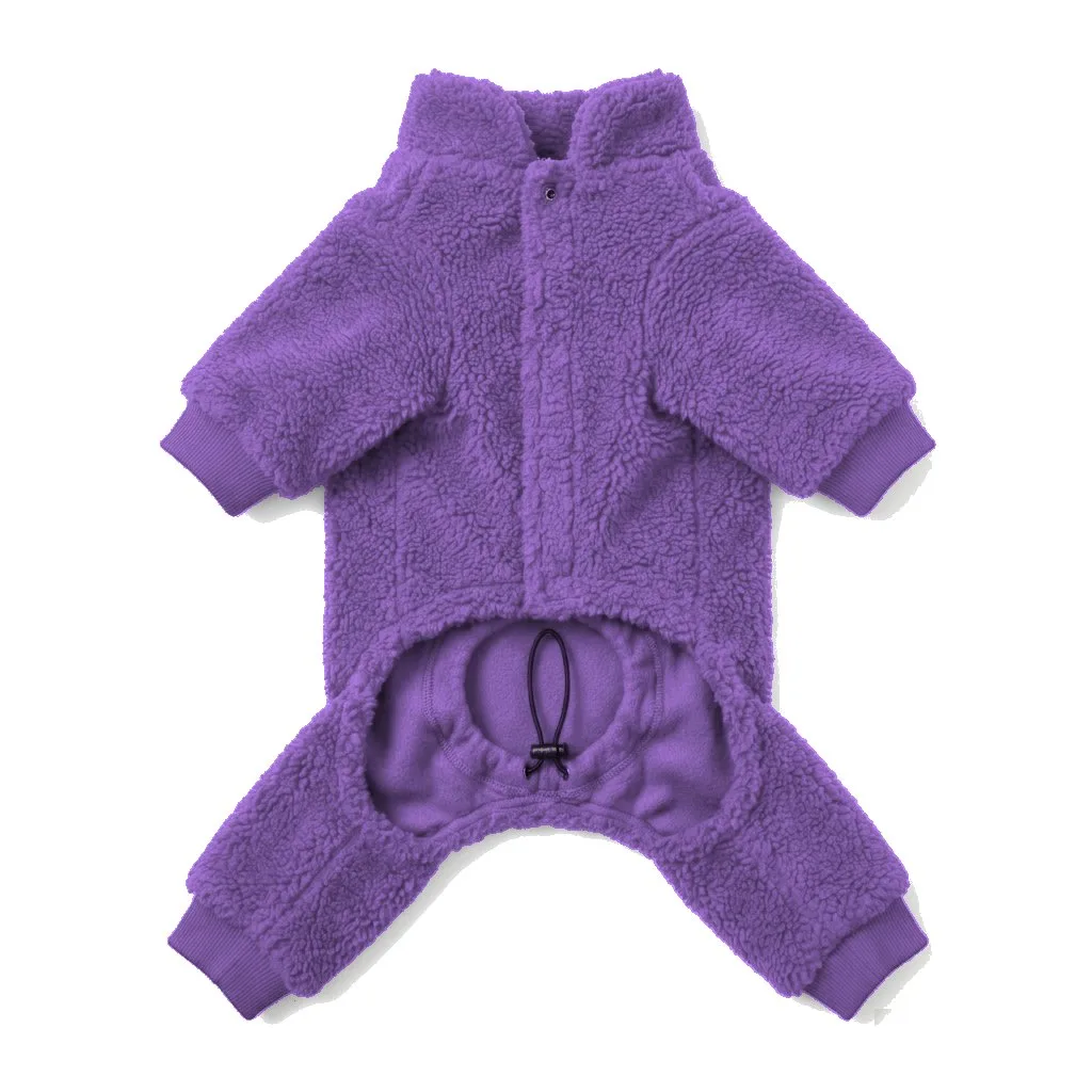Lavender Dog Teddy Fleece Four-Leg Coat flat lay — wholesale pet apparel, design render