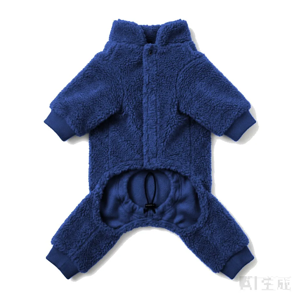 Navy Dog Teddy Fleece Four-Leg Coat flat lay — wholesale pet apparel, design render