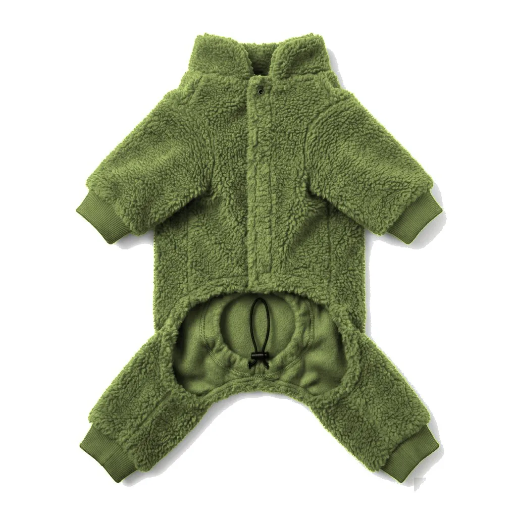 Olive Dog Teddy Fleece Four-Leg Coat flat lay — wholesale pet apparel, design render