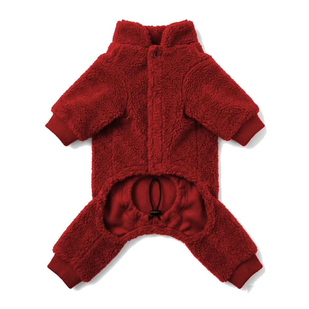 Red Dog Teddy Fleece Four-Leg Coat flat lay — wholesale pet apparel, design render
