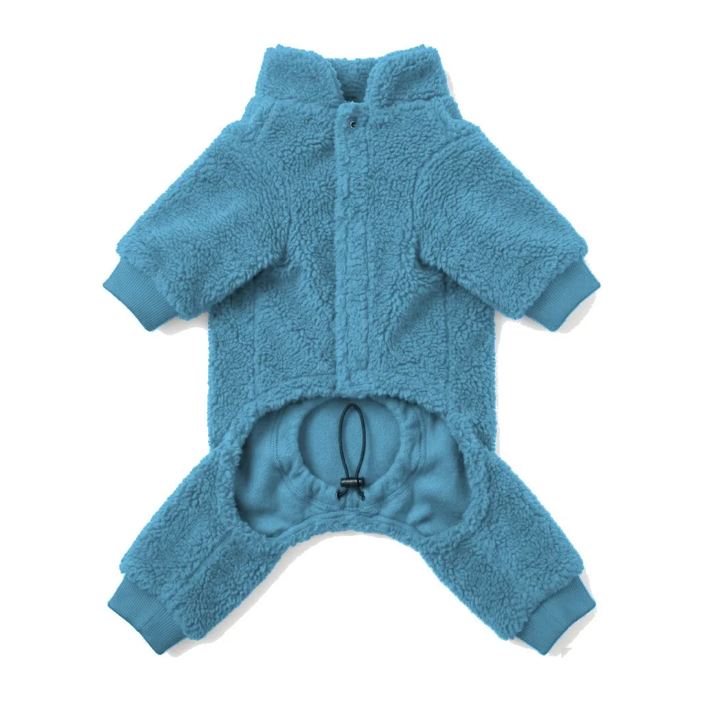 Sky Blue Dog Teddy Fleece Four-Leg Coat flat lay — wholesale pet apparel, design render
