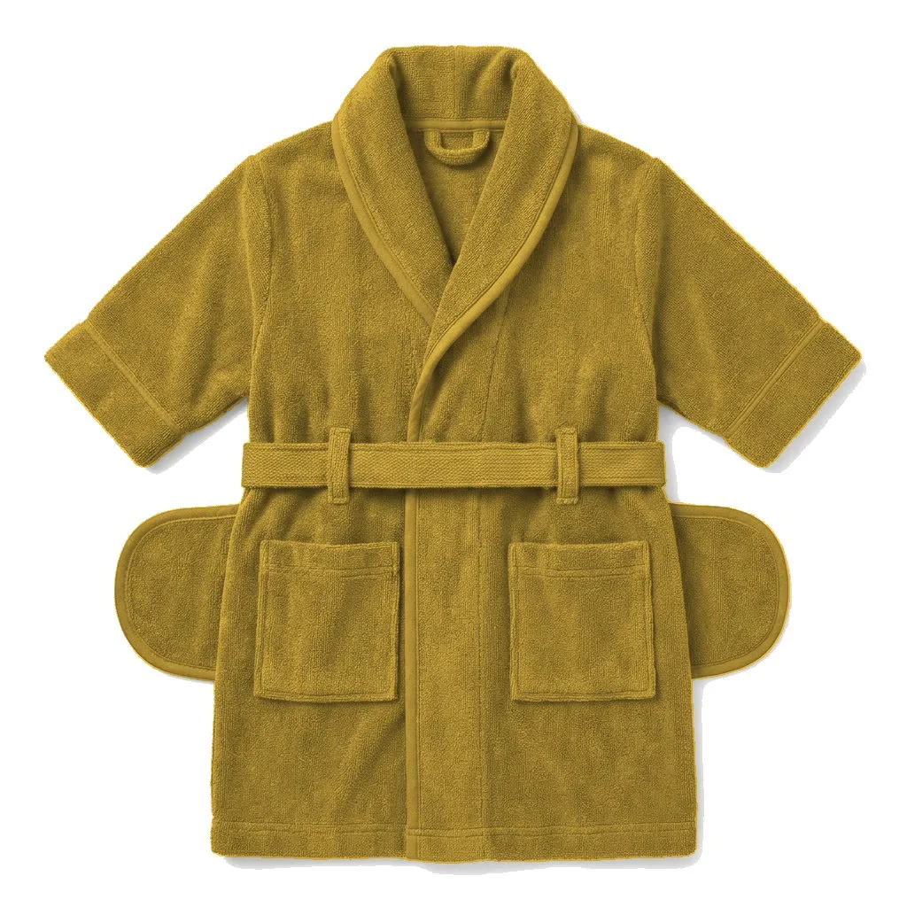 Mustard Dog Terry Bath Robe flat lay — wholesale pet apparel, design render