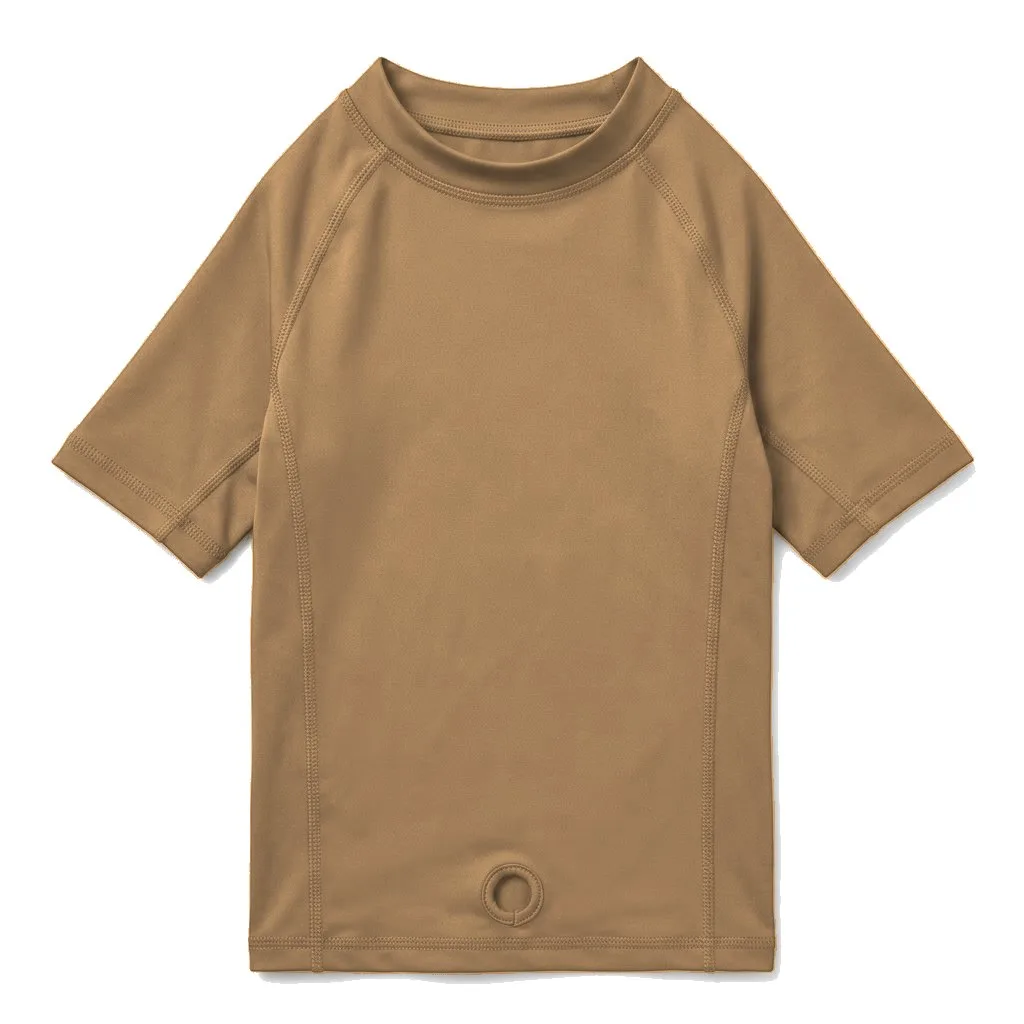 Camel Dog UPF Swim Shirt flat lay — wholesale pet apparel, design render