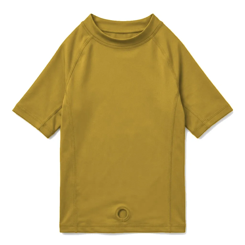 Mustard Dog UPF Swim Shirt flat lay — wholesale pet apparel, design render