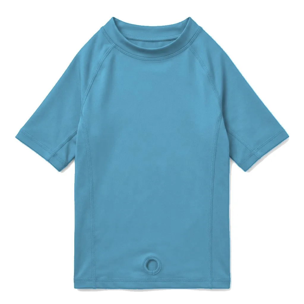 Sky Blue Dog UPF Swim Shirt flat lay — wholesale pet apparel, design render