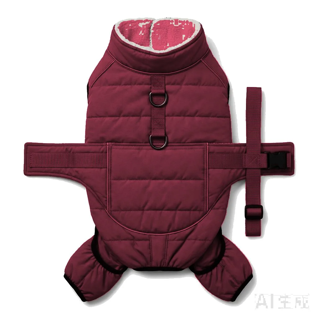 Burgundy Dog Padded Walking Coat with Harness flat lay — wholesale pet apparel, design render