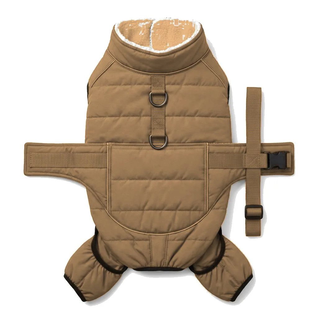 Camel Dog Padded Walking Coat with Harness flat lay — wholesale pet apparel, design render