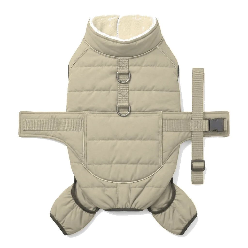 Cream Dog Padded Walking Coat with Harness flat lay — wholesale pet apparel, design render